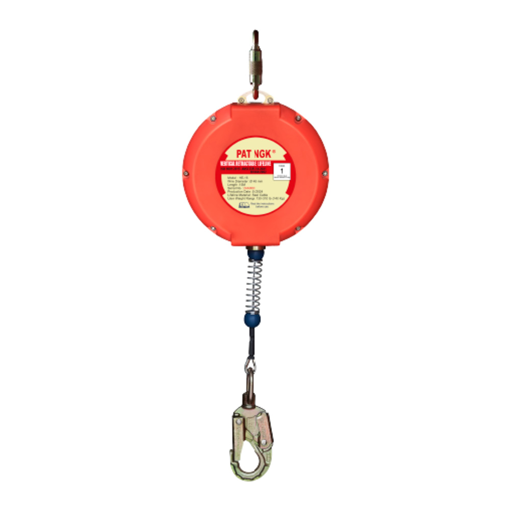 LÍNEA RETRÁCTIL DE CABLE DE ACERO DE 4.8 MM X 15 MTS CON GANCHO DOBLE SEGURO HE-15 - PAT NGK